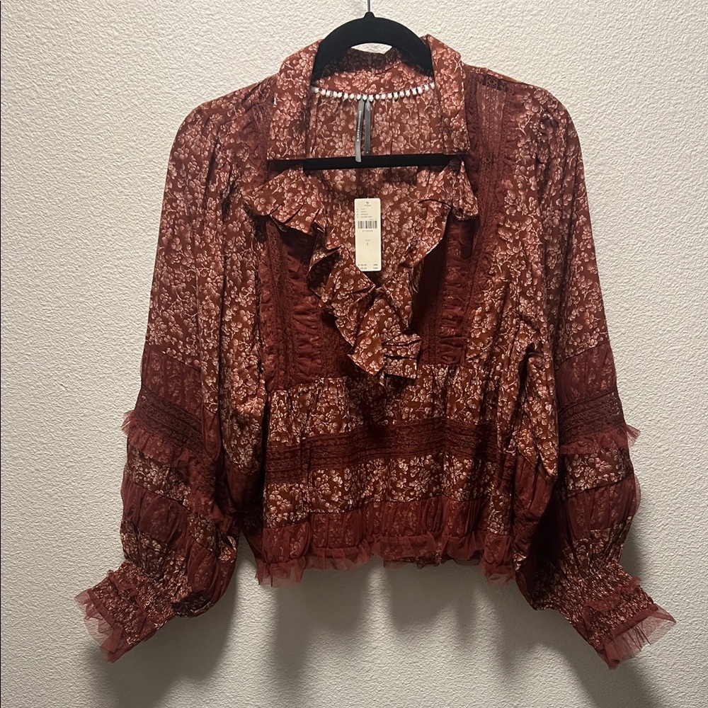 Anthropology Floral Ruffle Women's Top - Reddish Maroon